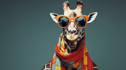 A fashionable giraffe donning a patterned scarf and oversized sunglasses