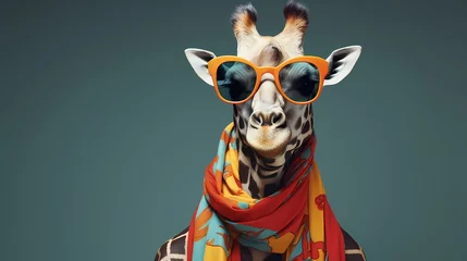 Rolgordijnen A fashionable giraffe donning a patterned scarf and oversized sunglasses © Shani