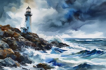 Fototapeta na wymiar : A watercolor painting of a lighthouse on a rocky shore with waves and a stormy sky.