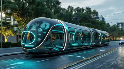 Obraz premium A state-of-the-art autonomous tram with interactive displays moves through a modern city street in the evening.