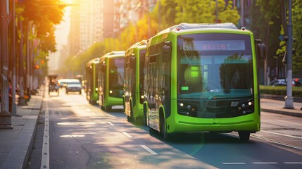 Obraz premium Fleet of green electric buses cruising through a city street bathed in warm morning sunlight, reflecting sustainable urban transport.