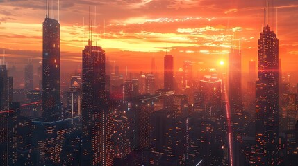 Fototapeta na wymiar A breathtaking city skyline at sunset with futuristic architecture and glowing lights, depicting an advanced urban landscape.