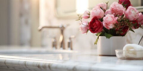 Elegant Bathroom Featuring a Pristine Marble Counter, Stylish Amenities, and Elegant Floral Accents. Concept Marble Countertops, Stylish Amenities, Floral Accents, Elegant Bathroom