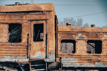 damaged and burnt trains in Ukraine