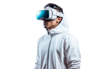 Artificial intelligence. unknown man standing use Virtual reality glasses wearing colorful trendy clothes on transparent background, Png format.