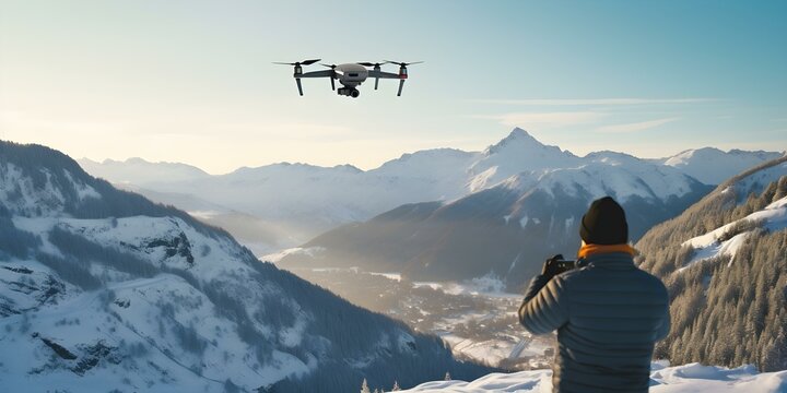 Man uses smartphone and drone to capture aerial winter photographs in snowcovered mountains. Concept Winter Photography, Aerial Drone Shots, Snowy Landscapes, Mountain Adventures