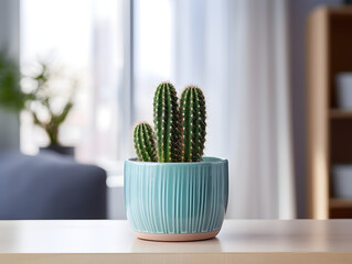 A small cactus plant in a pot on table at home, blurry sunlight background 