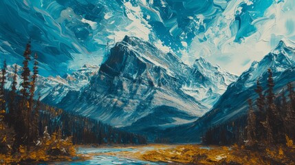 Abstract Mountain Majesty Unveiled: Explore the Fusion of Impasto Technique and Vibrant Colors in...