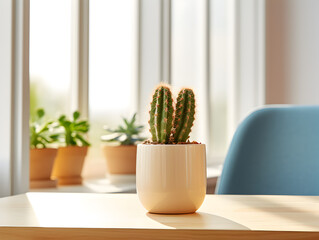 A small cactus plant in a pot on living room table, blurry bright home interior 