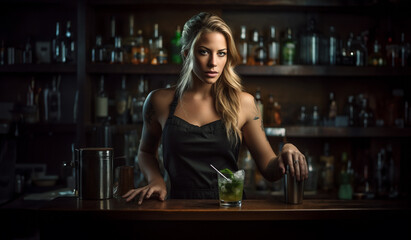 Sexy female blonde bartender with tattoo and black apron holding a cocktail shaker standing in front of a bar