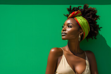 Stylish beach model from Jamaica deep in thought against vibrant reggae green backdrop.