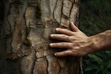 A man touches the tree trunk. Concept Nature, Connection, Environment, Human interaction