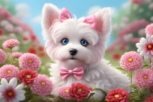 Cute Puppy With Flower Wallpaper, Cute Dog Wallpaper, Adorable Dog Picture, Fluffy Dog Background, Dog Illustration Background, AI Generative