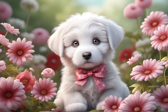 Cute Puppy With Flower Wallpaper, Cute Dog Wallpaper, Adorable Dog Picture, Fluffy Dog Background, Dog Illustration Background, AI Generative