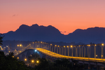 Thai-Lao Friendship Bridge in Thailand, morning and lights
