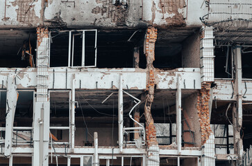 destroyed and burned houses in the city Russia Ukraine war