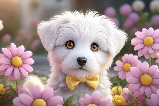 Cute Puppy With Flower Wallpaper, Cute Dog Wallpaper, Adorable Dog Picture, Fluffy Dog Background, Dog Illustration Background, AI Generative