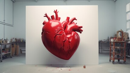 A red three-dimensional heart on a white background, on a white wall. A place for the text. a three-dimensional heart. In a minimalistic modern bright interior.