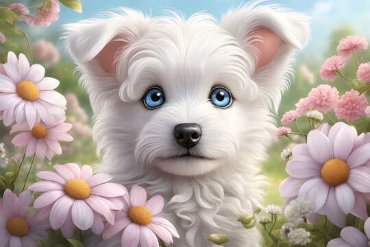 Cute Puppy With Flower Wallpaper, Cute Dog Wallpaper, Adorable Dog Picture, Fluffy Dog Background, Dog Illustration Background, AI Generative