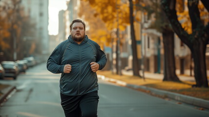Man with а chubby physique body runs down the street in sports clothes, sports training, weight loss - obrazy, fototapety, plakaty