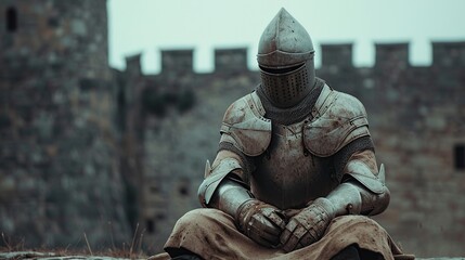 Against a backdrop of ancient stone walls, a knight clad in weathered armor rests on the ground, conveying a scene of historical vigilance and medieval presence - obrazy, fototapety, plakaty