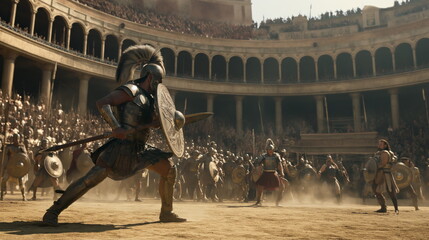 Gladiator Fight, Colosseum, Roaring Crowd. Gladiators engage in a fierce battle, surrounded by the thunderous cheers of a roaring crowd, echoing through the ancient amphitheater. Warrior - obrazy, fototapety, plakaty
