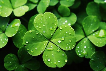 Background of green clover leaves on a blurred background. Drops of water on a leaf of clover. St. Patrick's Day. An Irish holiday.