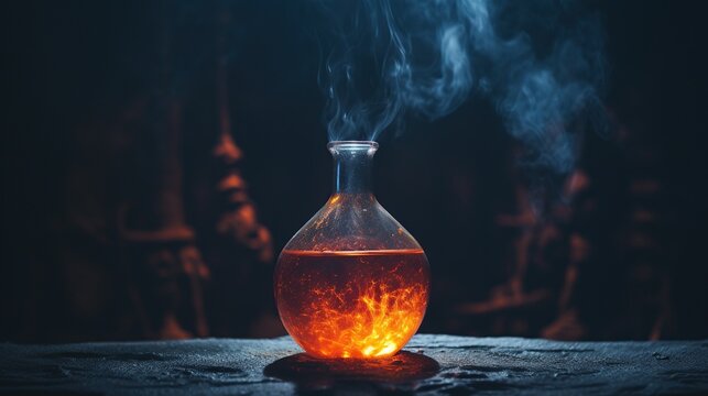 A glowing flask emits a magical, fiery light, reminiscent of alchemy and mysticism, ideal for themes of science, magic, or mystery, with a dark, moody background providing space for text.