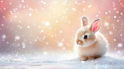 Snowy hare in winter forest, cute animal on blurred background, wildlife in nature habitat