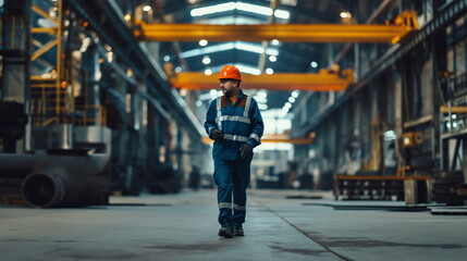 Professional Heavy Industry Engineer Worker, Wearing Safety Uniform and Hard Hat. Serious Successful man Industrial Specialist Walking in Metal Manufacture Warehouse. Factory
