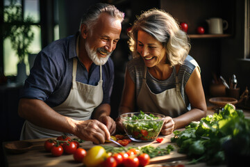Fototapeta na wymiar Older couple is making salad in their kitchen