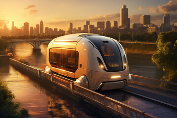 A delivery robot crossing a pedestrian bridge over a river in a major metropolitan area during sunset The robots design is futuristic yet functional with glowing navigation