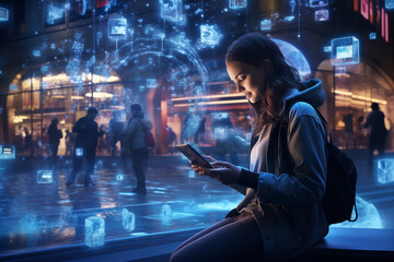 A futuristic concept art piece depicting a user in a smart city square controlling various public IoT devices through a holographic smartphone - obrazy, fototapety, plakaty