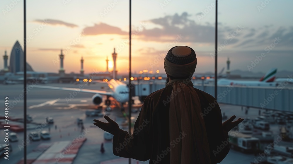 Wall mural Muslim man with traditional clothes looking at airplane on aerodrome through the airport window. Male traveler at gate terminal. Hajj and Umrah vacation and travel background concept