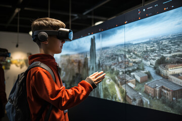 A student immersed in a virtual reality experience standing amidst a highly detailed realistic...