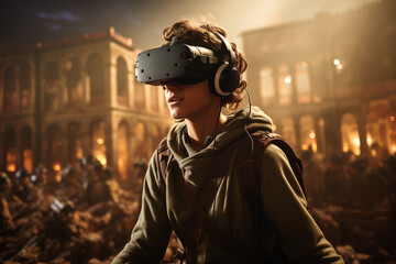 A student immersed in a virtual reality experience standing amidst a highly detailed realistic reconstruction of ancient Rome Wearing a VR headset and motion - obrazy, fototapety, plakaty