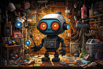 Fototapeta premium A stylized vibrant illustration of an AI robot with a friendly cartoonish design helping in a whimsical factory setting The robot humorously juggles various tasks from
