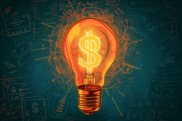 Glowing lightbulb with dollar sign filament on a blueprint background