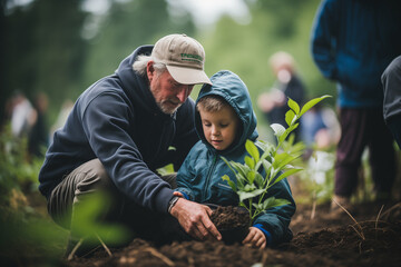 A vivid documentary style image capturing the essence of community engagement with individuals of all ages participating in a tree planting activity showcasing the tangible impact of sustainability