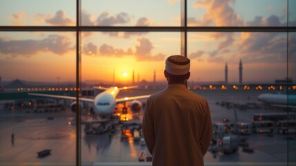 Fototapeta na wymiar Muslim man with traditional clothes looking at airplane on aerodrome through the airport window. Male traveler at gate terminal. Hajj and Umrah vacation and travel background concept