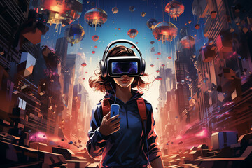A whimsical depiction of a user wearing a VR headset transported into a pixelated retro video game world The illustration combines elements of 8 bit art - obrazy, fototapety, plakaty