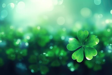 Background of green clover leaves on a blurred background. St. Patrick's Day. An Irish holiday.