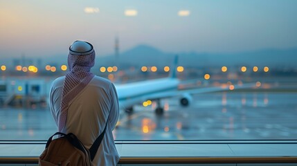 Muslim man with traditional clothes and sling bag looking at airplane on aerodrome through the...
