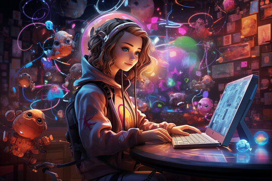 A whimsical colorful digital painting showcasing an anthropomorphic AI character sitting at a futuristic console surrounded by floating data bubbles and holographic displays The style