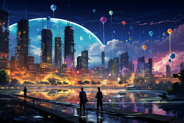 An imaginative colorful illustration of a futuristic smart city where buildings are interconnected through glowing data streams representing the flow of
