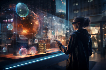 An over the shoulder view of a scientist interacting with an AI program on a transparent touch screen analyzing real time data and simulations The background reveals a bustling tech lab