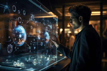 An over the shoulder view of a scientist interacting with an AI program on a transparent touch screen analyzing real time data and simulations The background reveals a bustling tech lab