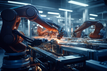 photography of an AI robot in action within a factory setting focusing on the harmonious blend of technology and human ingenuity emphasizing the critical role of artificial intelligence - obrazy, fototapety, plakaty