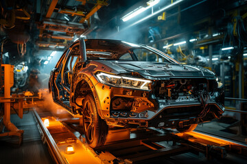 Fototapeta premium Inside a futuristic vehicle assembly line an AI robot with a robust frame and multiple arms works alongside human engineers installing high tech components into cars