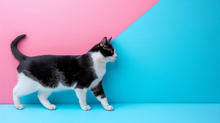 Fluffy cat walking on pastel background studio shot with copy space for advertising